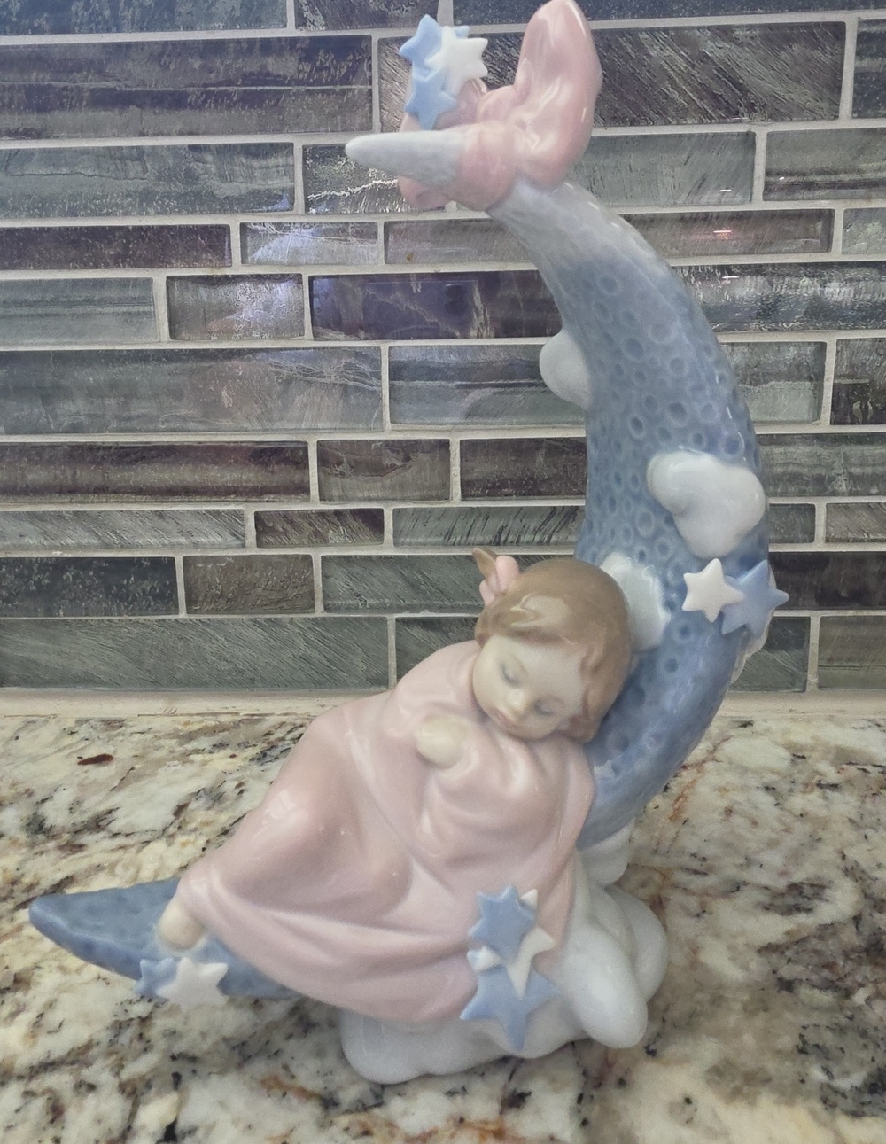 Lladro Pastel Pink Gown Sleeping Child on Blue Crescent Moon Figurine